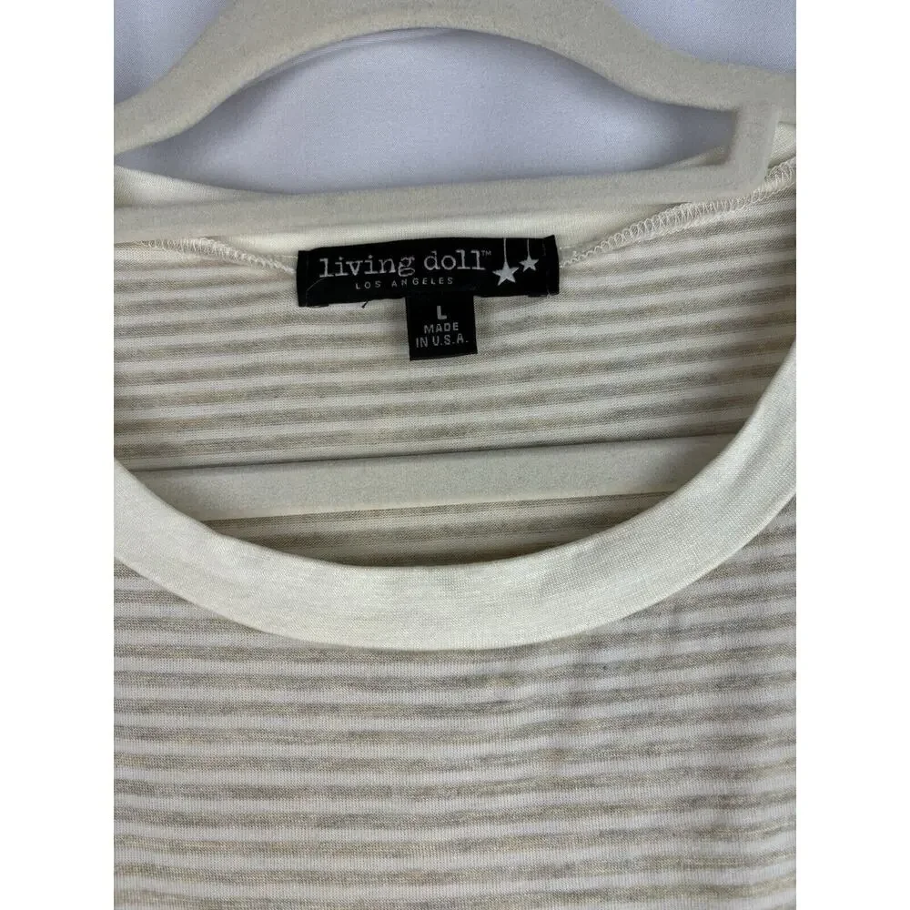 Living Doll Y2K 90s Short Sleeve‎ Floral Detail Striped Top Tee Shirt Large - Picture 2 of 10